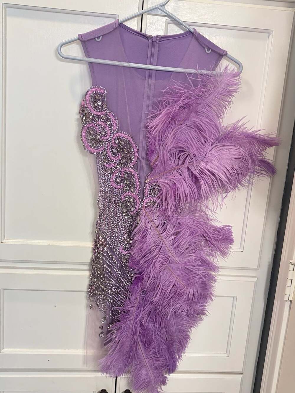 Purple Feather Rhinestone Beaded Dance Costume Dress XS Pageant Showgirl Stage